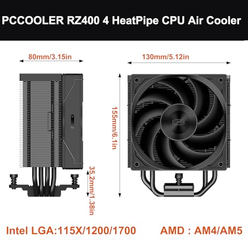 PCCOOLER RZ400 CPU Cooler TDP 180W CPU Air Cooler Single Tower CPU Fan 4 HeatPipe CPU Cooling System Three Modes PWM Silent Fans, Easy Install Air Cooler for Intel LGA 115X/1200/1700,AMD AM4/AM5,BK