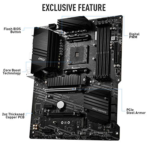 MSI B550-A PRO ProSeries Motherboard (AMD Ryzen 5000, AM4, DDR4, PCIe 4.0, SATA 6Gb/s, M.2, USB 3.2 Gen 2, HDMI/DP, ATX)