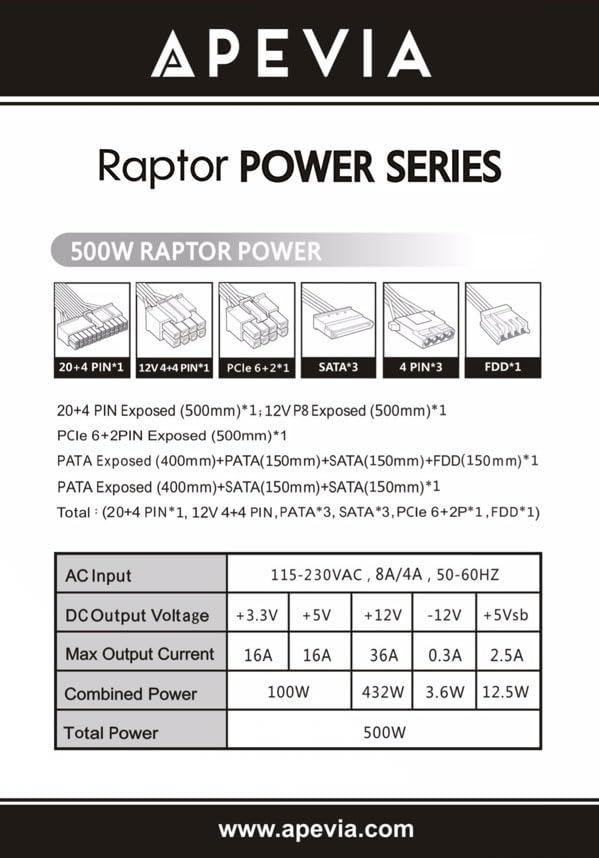 Apevia RAPTOR500W Raptor 500W ATX Power Supply with 120MM Black Fan