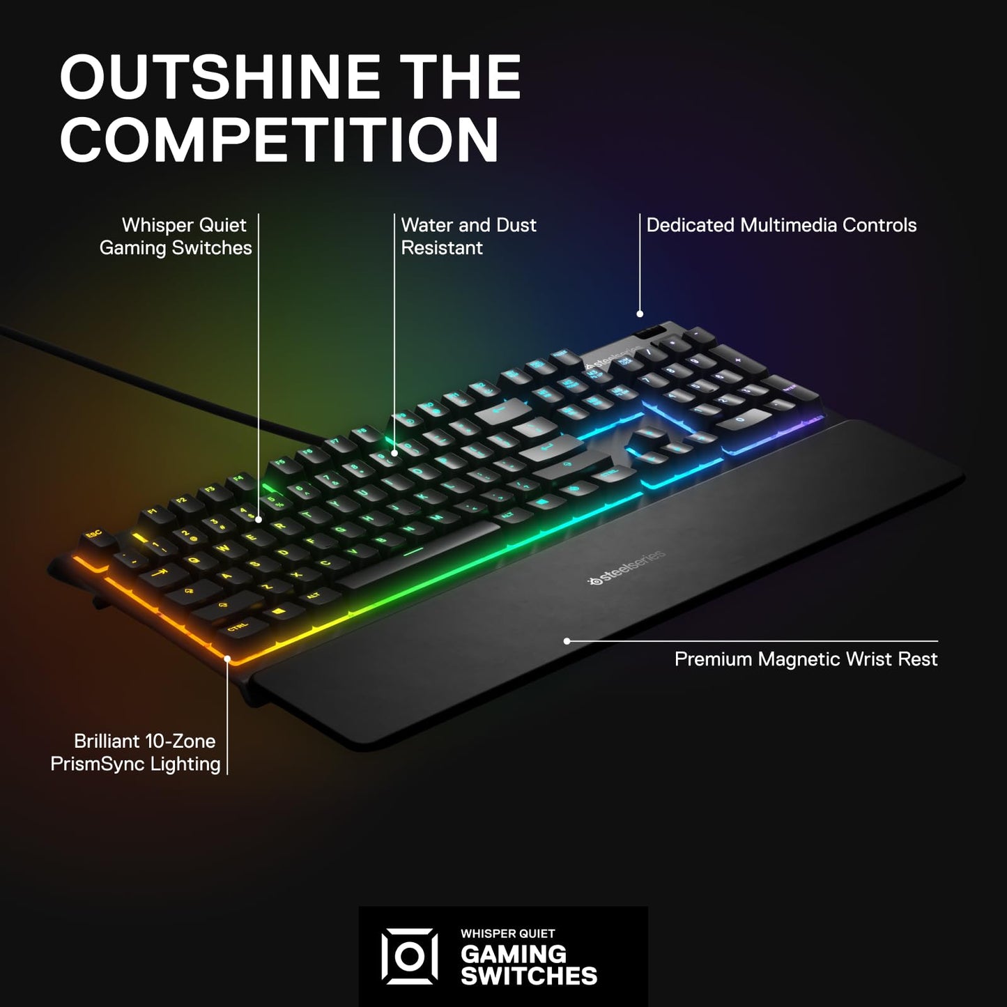 SteelSeries Apex 3 RGB Gaming Keyboard – 10-Zone RGB Illumination – IP32 Water Resistant – Premium Magnetic Wrist Rest (Whisper Quiet Gaming Switch)