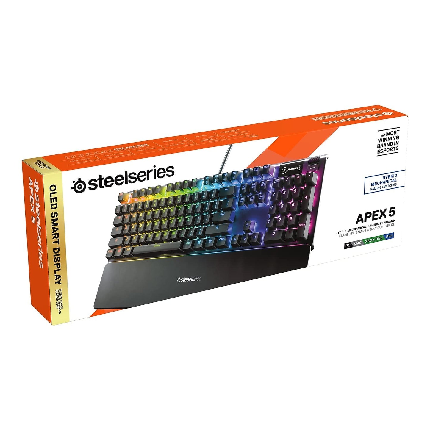 SteelSeries USB Apex 5 Hybrid Mechanical Gaming Keyboard – Per-Key RGB Illumination – Aircraft Grade Aluminum Alloy Frame – OLED Smart Display (Hybrid Blue Switch)