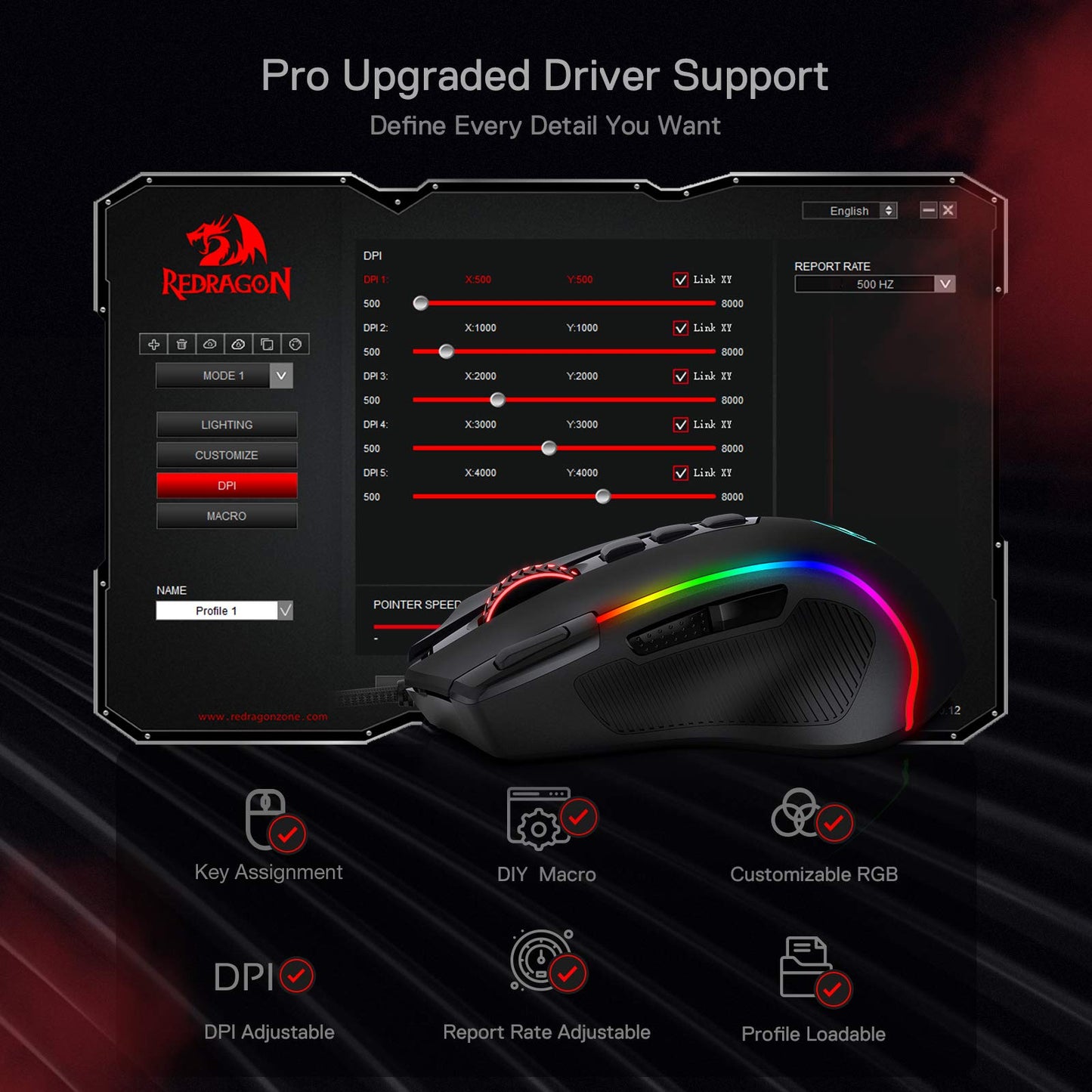 Redragon M612 Predator RGB Gaming Mouse, 8000 DPI Wired Optical Gamer Mouse with 11 Programmable Buttons & 5 Backlit Modes, Software Supports DIY Keybinds Rapid Fire Button