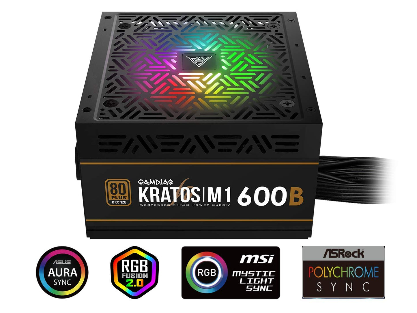 GAMDIAS RGB Gaming PC Power Supply 600W 80 Plus Bronze Certified 600 Watt PSU for Computers with Active PFC, Kratos M1-600B