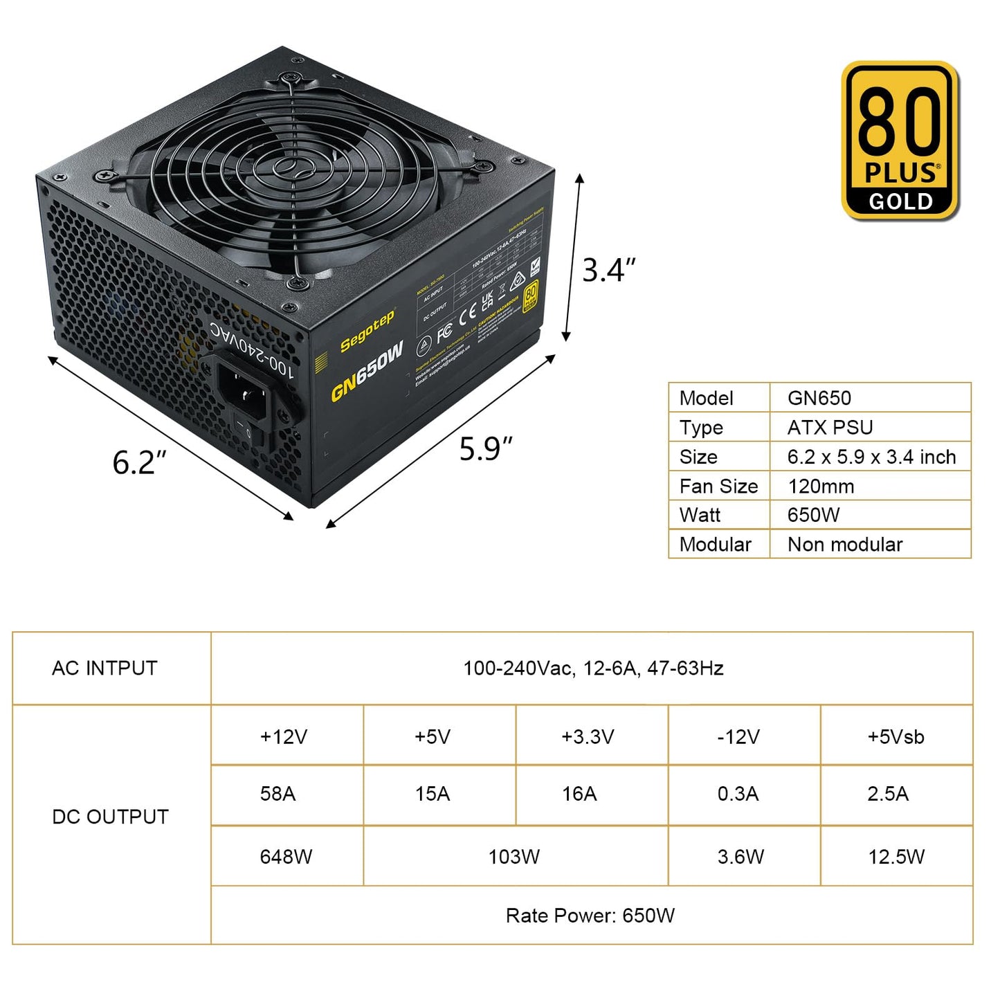 Segotep 650W 80 Plus Gold Certified Non-Modular ATX Power Supply with 6+2 Pin Connectors PFC Protection and RoHS Compliance, 120mm Silent Fan Gaming PSU GN-650 Black (5 Years Warranty)