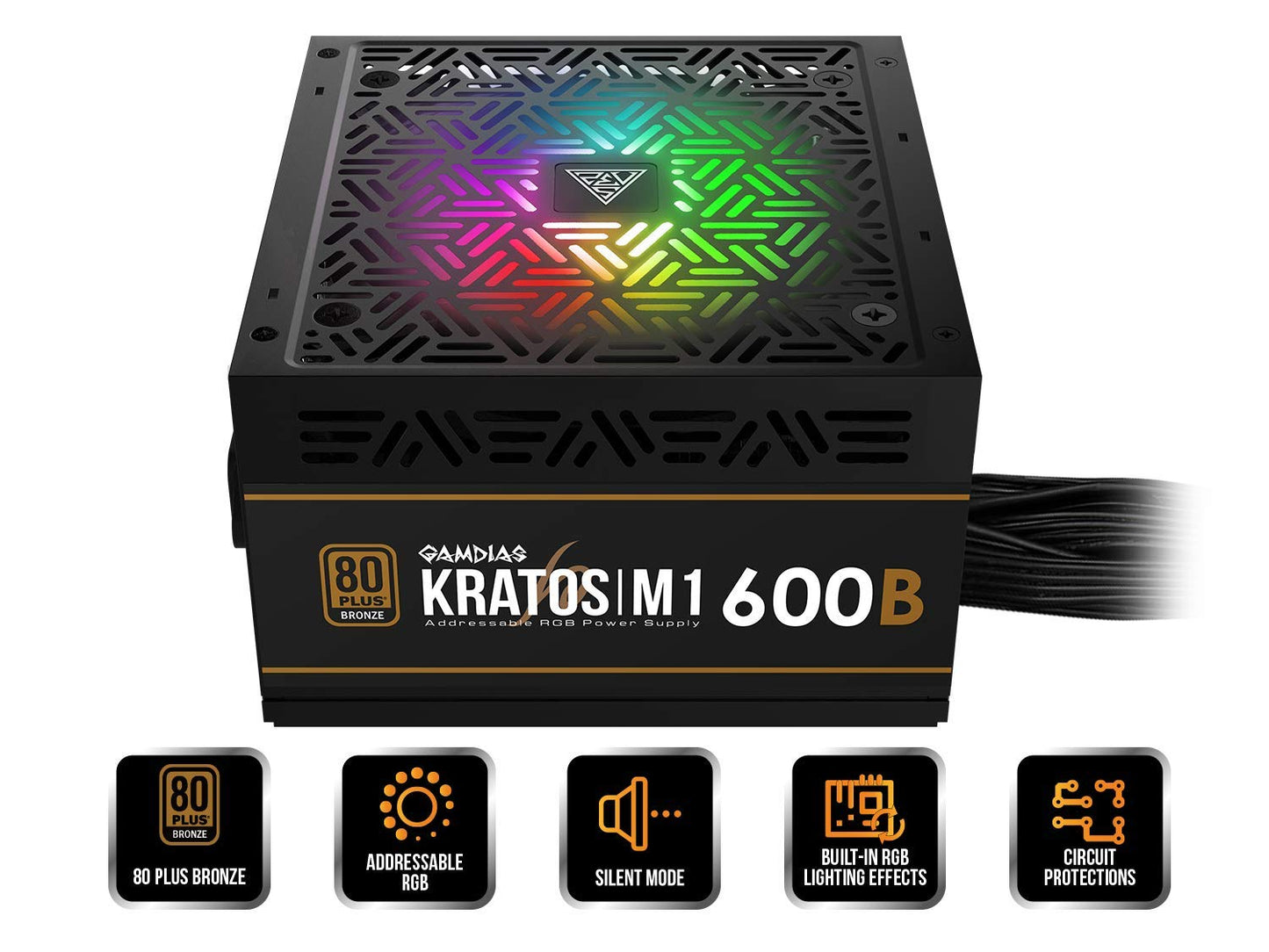 GAMDIAS RGB Gaming PC Power Supply 600W 80 Plus Bronze Certified 600 Watt PSU for Computers with Active PFC, Kratos M1-600B