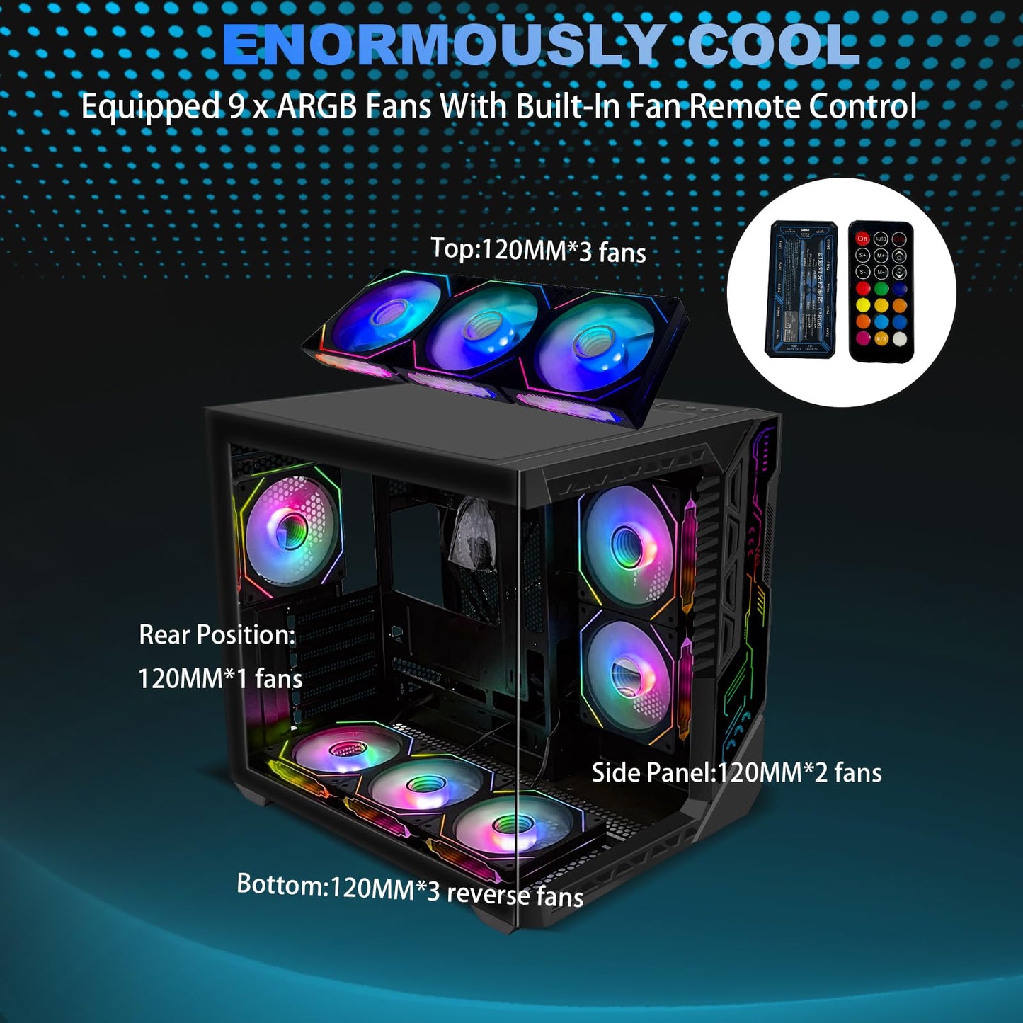 SZSKYING ATX Mid-Tower PC Gaming Case with 9pcs ARGB Fans Control Remote, 360mm Radiator Support, Tempered Glass Front/Side Panel Mid Tower ATX Computer Case