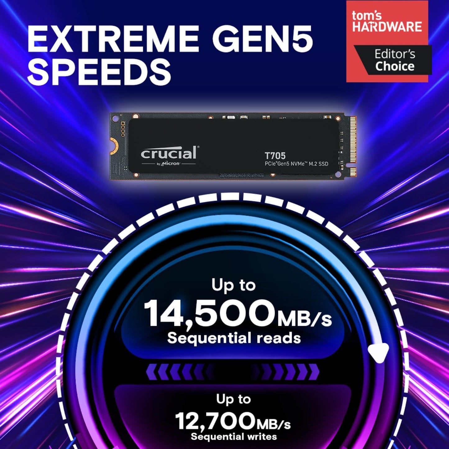 Crucial New 2024 T705 2TB PCIe Gen5 NVMe M.2 SSD - Up to 14,500 MB/s - Game Ready - Internal Solid State Drive (PC) - +1mo Adobe CC - CT2000T705SSD3