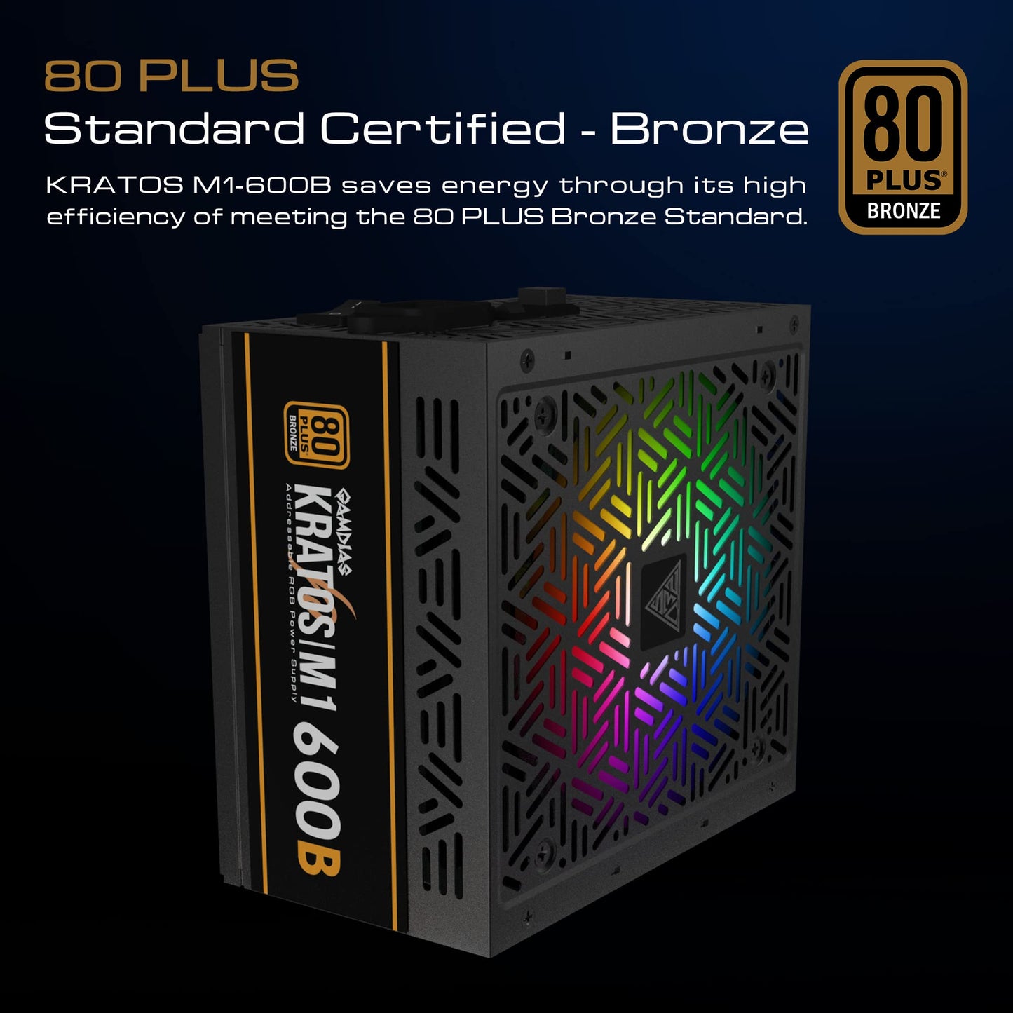 GAMDIAS RGB Gaming PC Power Supply 600W 80 Plus Bronze Certified 600 Watt PSU for Computers with Active PFC, Kratos M1-600B