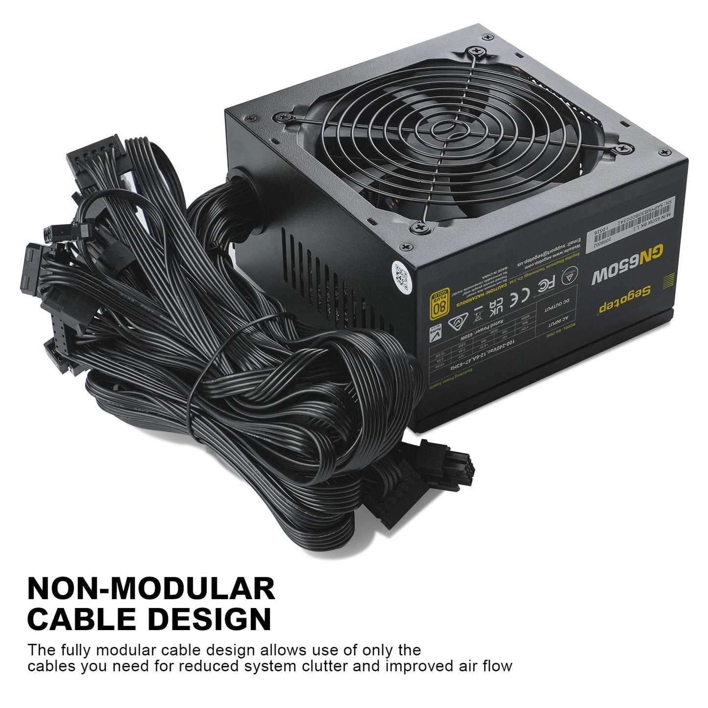 Segotep 650W 80 Plus Gold Certified Non-Modular ATX Power Supply with 6+2 Pin Connectors PFC Protection and RoHS Compliance, 120mm Silent Fan Gaming PSU GN-650 Black (5 Years Warranty)