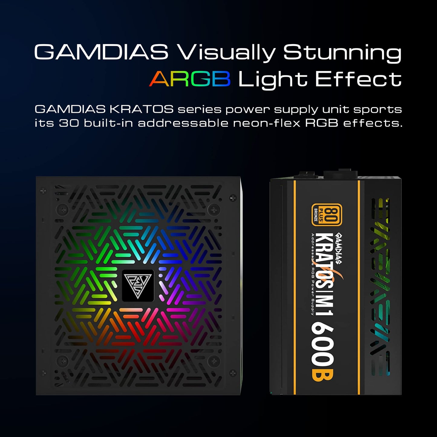 GAMDIAS RGB Gaming PC Power Supply 600W 80 Plus Bronze Certified 600 Watt PSU for Computers with Active PFC, Kratos M1-600B