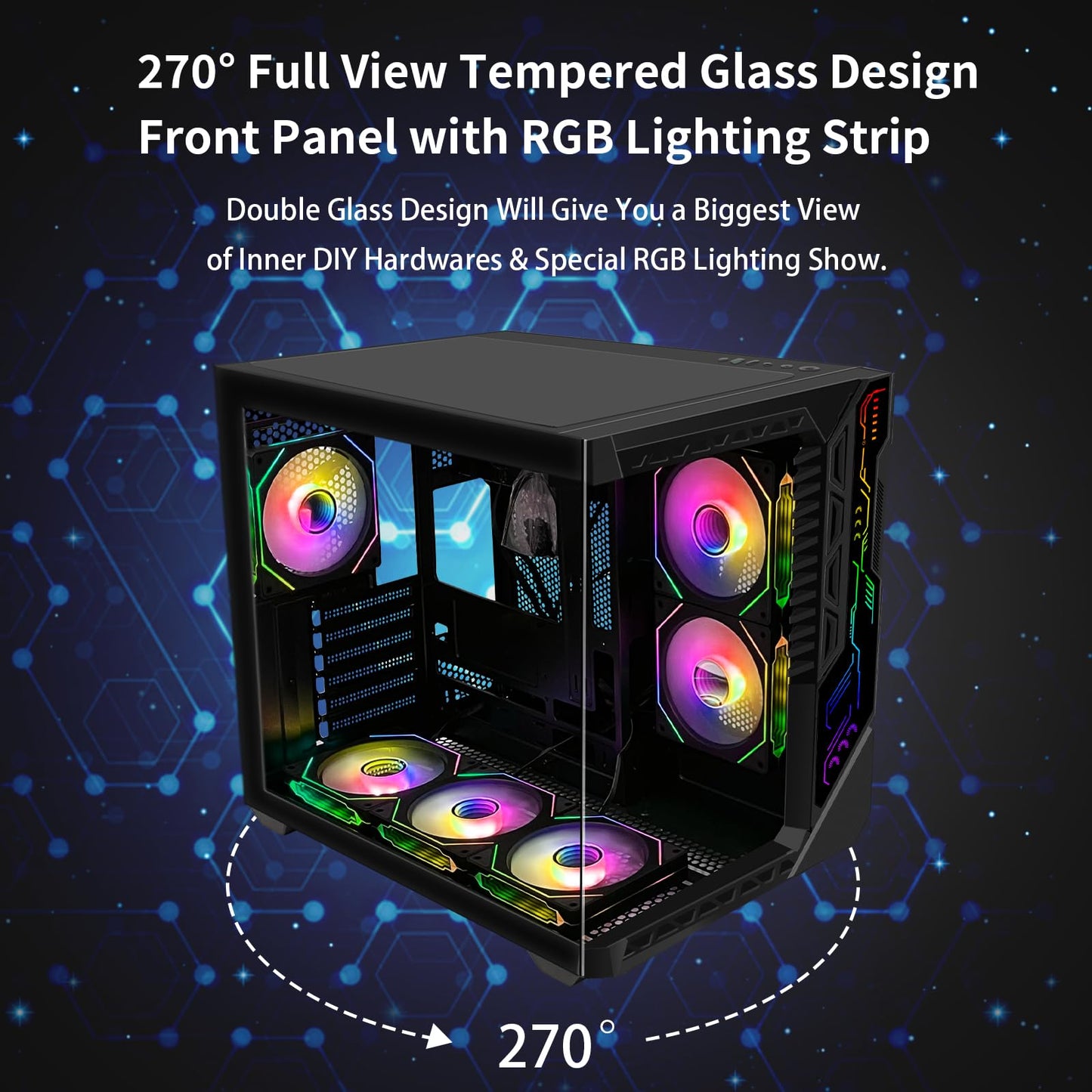 SZSKYING ATX Mid-Tower PC Gaming Case with 9pcs ARGB Fans Control Remote, 360mm Radiator Support, Tempered Glass Front/Side Panel Mid Tower ATX Computer Case