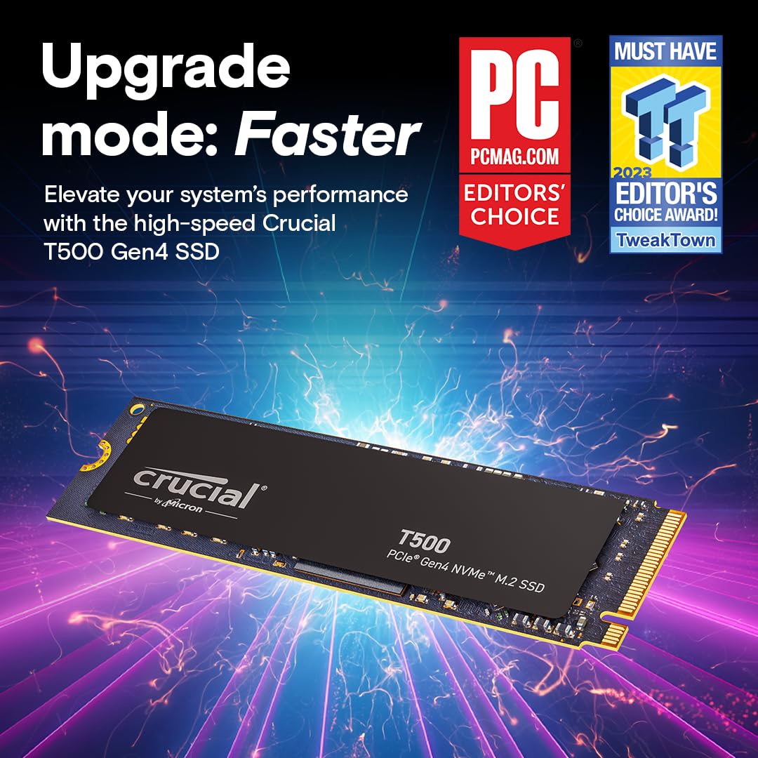 Crucial T500 1TB Gen4 NVMe M.2 Internal Gaming SSD, Up to 7300MB/s, Laptop & Desktop Compatible + 1mo Adobe CC All Apps - CT1000T500SSD8