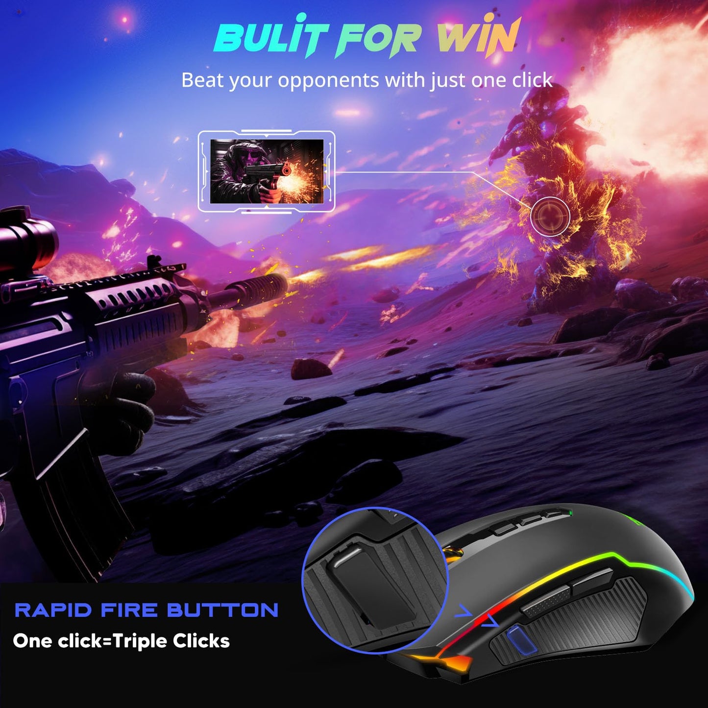 Redragon Gaming Mouse, Wireless Mouse Gaming with 8000 DPI, PC Gaming Mice with Fire Button, RGB Backlit Programmable Ergonomic Mouse Gamer, Rechargeable, 70Hrs for Windows, Mac Gamer, Black