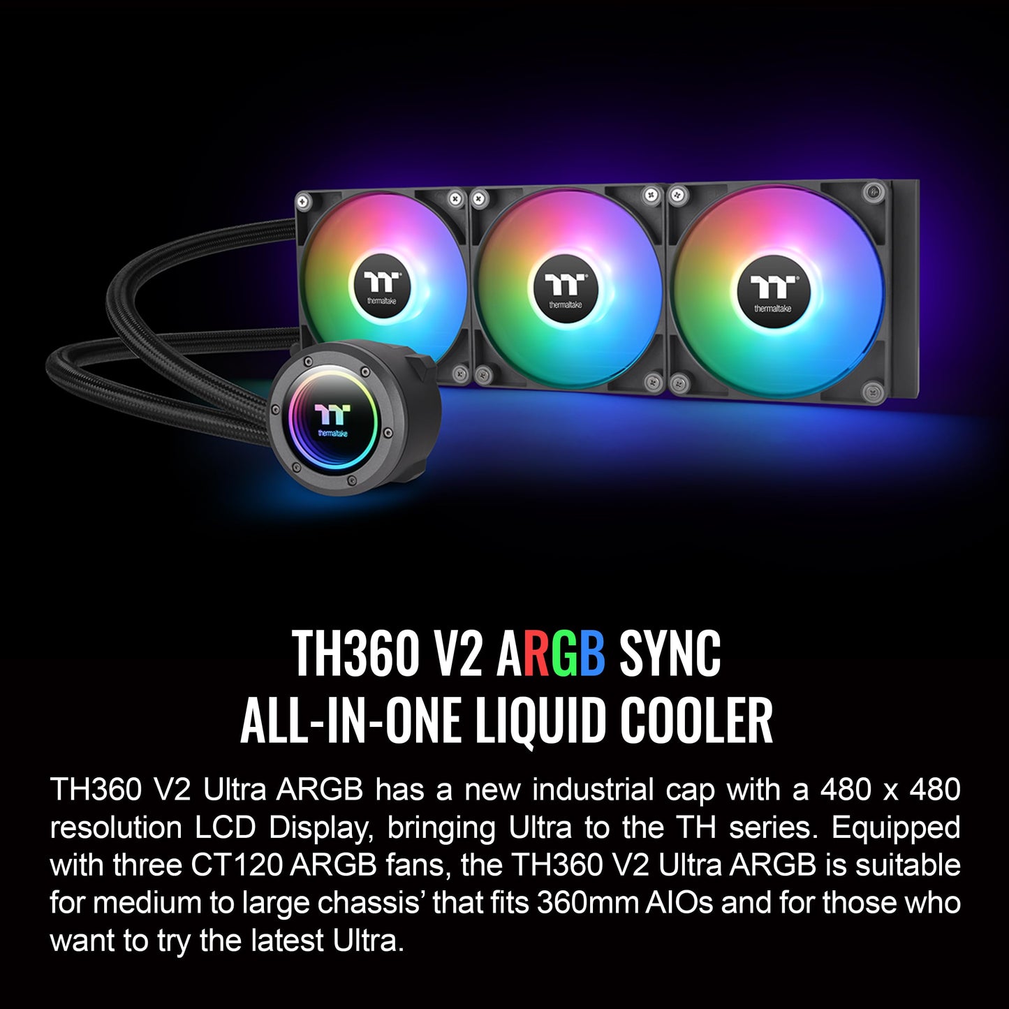 Thermaltake TH360 ARGB Sync V2 CPU Liquid Cooler/AlO Liquid Cooling/Fan 120mm*3/PWM 500~2000 RPM/Mirror Waterblock/MB ARGB Sync Control, CL-W362-PL12SW-A,Black