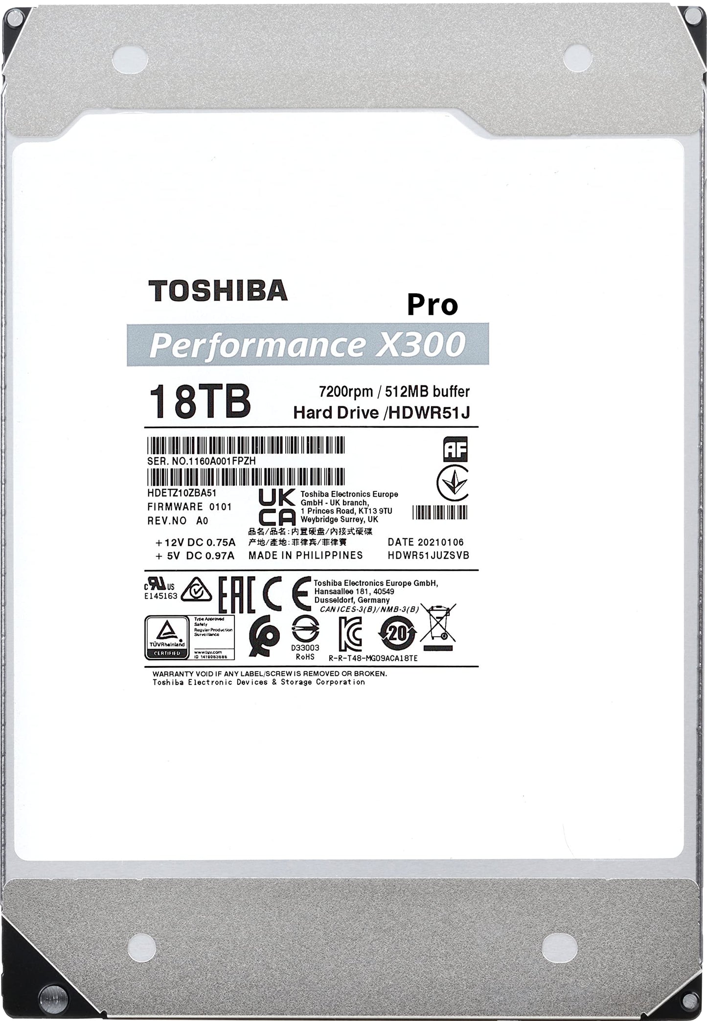 Toshiba X300 PRO 18TB High Workload Performance for Creative Professionals 3.5-Inch Internal Hard Drive – Up to 300 TB/Year Workload Rate CMR SATA 6 GB/s 7200 RPM 512 MB Cache - HDWR51JXZSTB