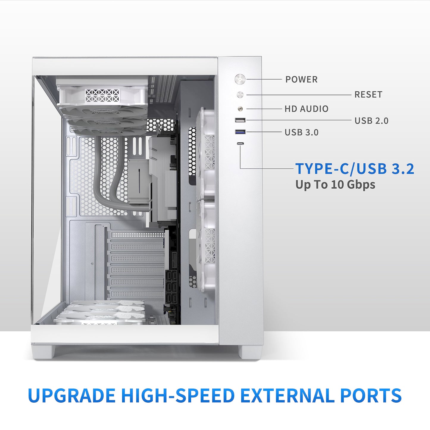 MUSETEX ATX PC Case,5 PWM ARGB Fans Pre-Installed,360MM RAD Support,Type-C Gaming 270° Full View Tempered Glass Mid Tower Pure White ATX Computer Case,Y6