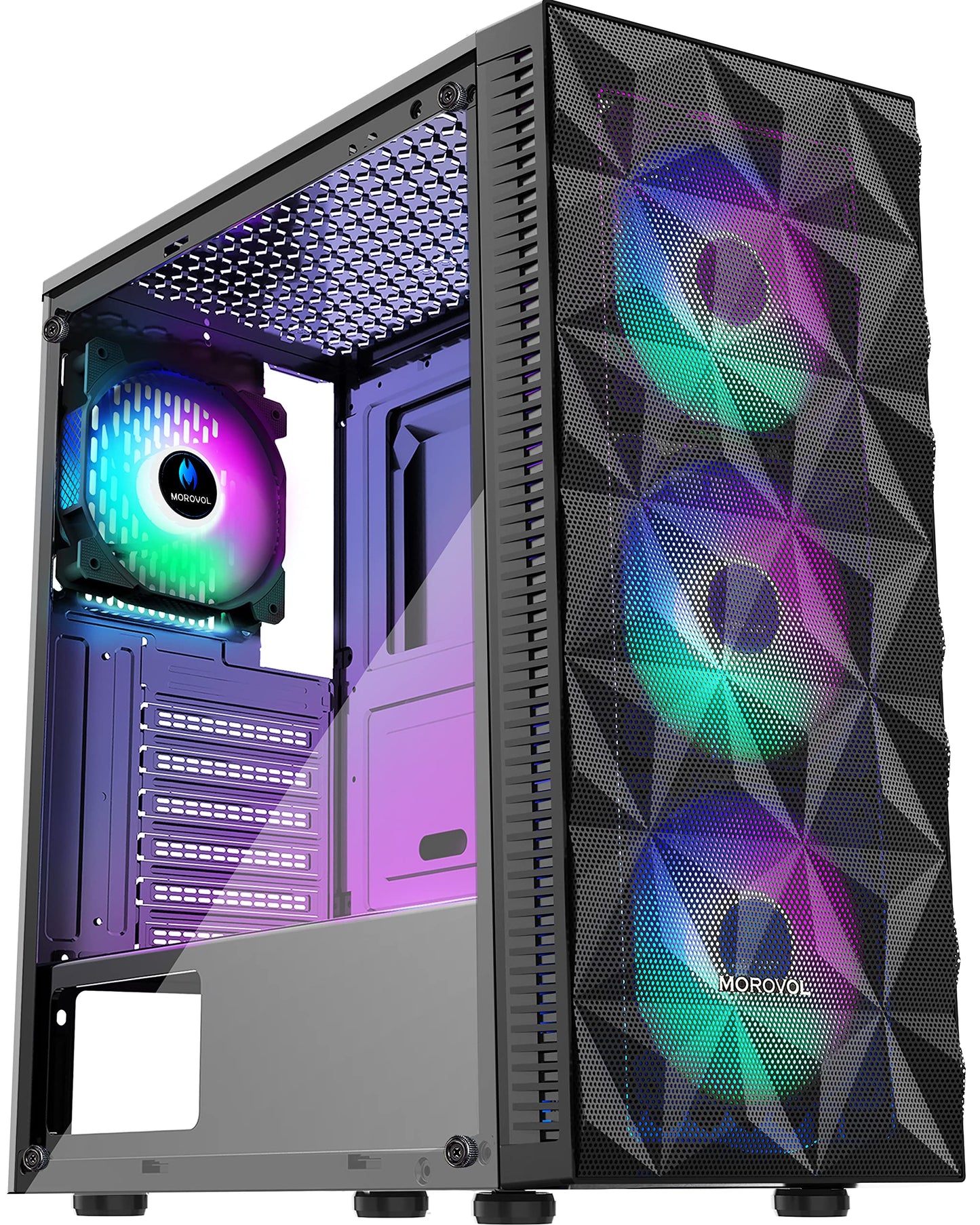 MOROVOL PC Case Pre-Install 4 RGB Fans, ATX Gaming Computer Case with Diamond-Shaped Mesh Front & Tempered Glass Side Panel, USB 3.0 Airflow Mid Tower case,621