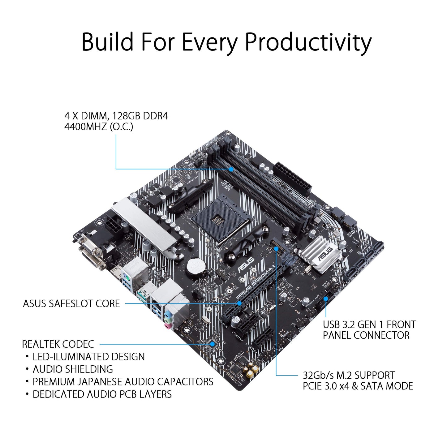 ASUS Prime B450M-A II AMD AM4 (Ryzen 5000, 3rd/2nd/1st Gen Ryzen Micro ATX Motherboard (128GB DDR4, 4400 O.C.), NVMe, HDMI 2.0b/DVI/D-Sub, USB 3.2 2, BIOS Flashback, and Aura Sync)